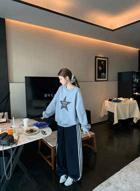 LIL CHER加绒加厚三条杠撞色两穿长绒棉卫裤显瘦保暖阔腿裤女秋冬