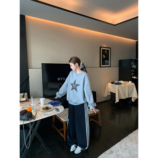 女秋冬 显瘦保暖阔腿裤 LIL CHER加绒加厚三条杠撞色两穿长绒棉卫裤