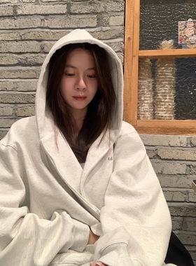 LIL CHER秋冬白灰色长袖加绒连帽卫衣女新款宽松开衫休闲外套上衣