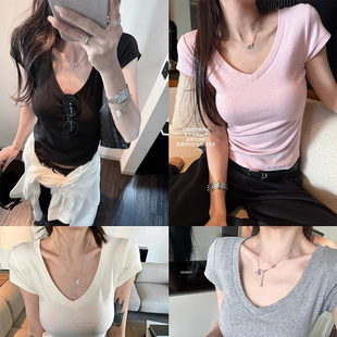 LIL CHER天鹅颈V领正肩T恤绵羊毛软糯显瘦修身 短袖 打底上衣女新款