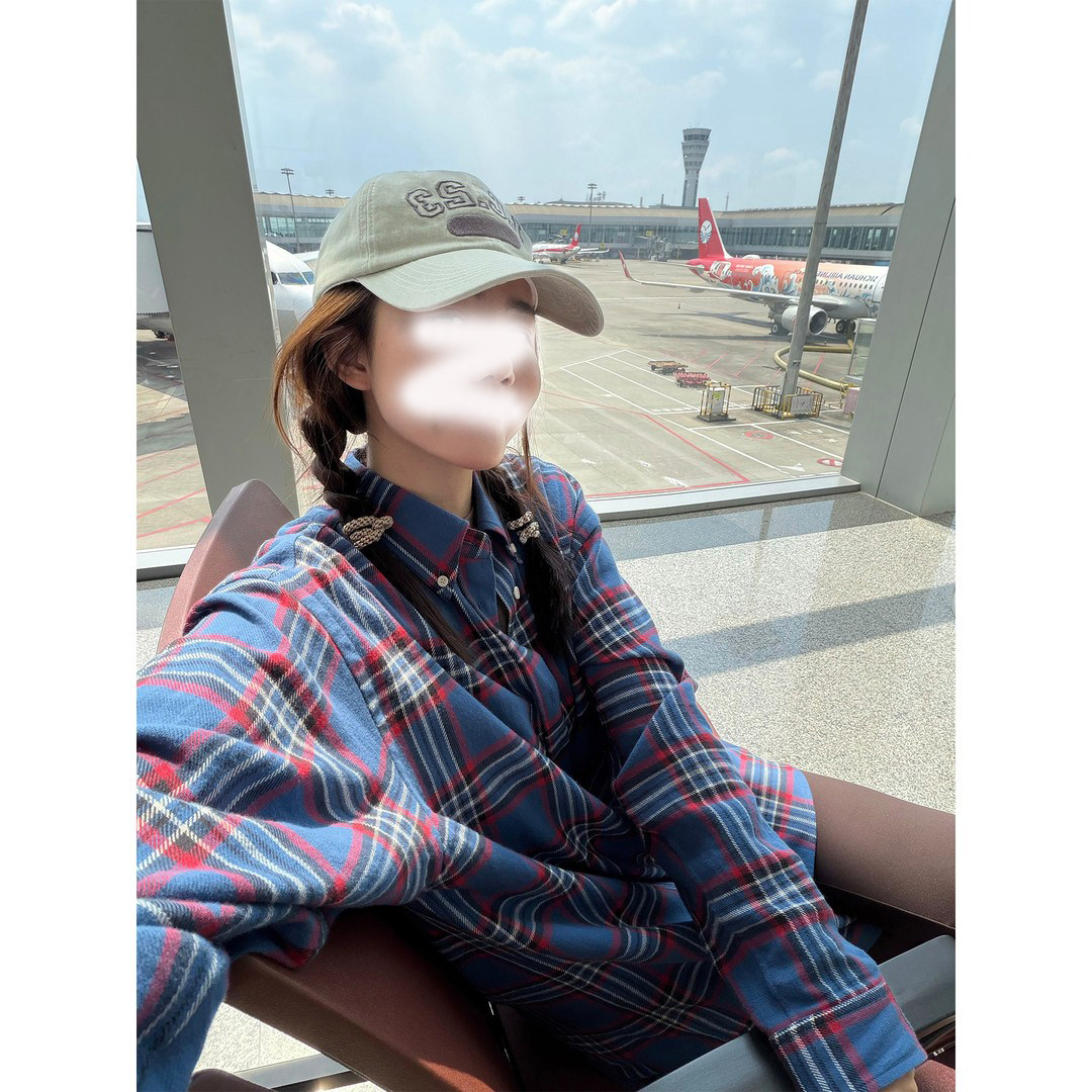 LIL CHER 色织红蓝格纹大版型衬衫美式复古宽松落肩长袖女秋冬