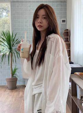 LIL CHER春夏白色长袖开衫防晒衬衫女薄款宽松慵懒风衬衣外穿上衣