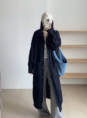 LIL CHER灰色慵懒风长款毛衣裙开衫外套女春秋韩系过膝百针织衫