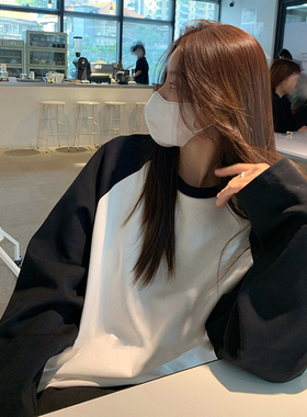 LIL CHER 黑白色拼接插肩袖显瘦长袖T恤女新款宽松内搭打底衫上衣