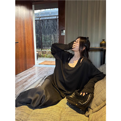 宽松休闲背心假两件长袖T恤新款