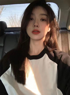 LIL CHER黑白色拼接插肩袖长袖T恤女春秋新款宽松内搭打底衫上衣