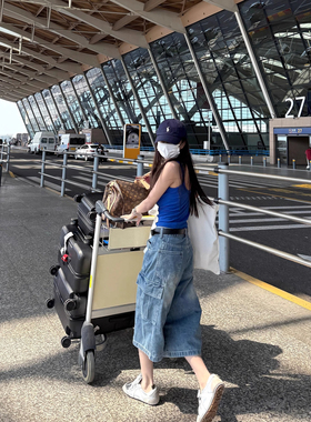 LIL CHER重工酵洗多口袋蓝色宽松百搭工装风七分裤牛仔裤女夏裤子