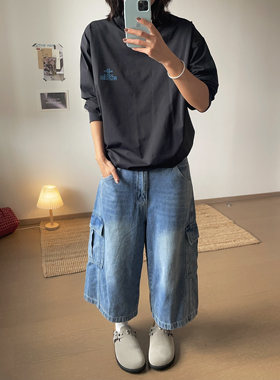 LIL CHER重工酵洗多口袋蓝色宽松百搭工装风七分裤牛仔裤女夏阔腿