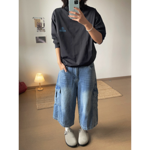 牛仔裤 风七分裤 女夏阔腿 CHER重工酵洗多口袋蓝色宽松百搭工装 LIL