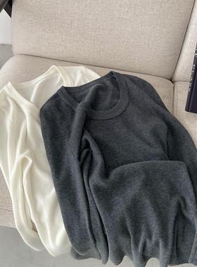 LIL CHER 奶香椰奶u领显瘦绵羊毛桑蚕丝弹力微宽松长袖针织衫