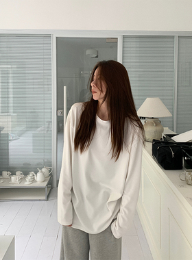 LIL CHER白色圆领德绒长袖T恤女冬季加厚保暖宽松内搭打底衫上衣