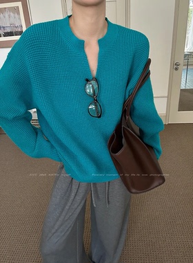 LIL CHER【蓝调笔记】蓝色显白华夫格针织肌理毛衣长袖毛针织衫