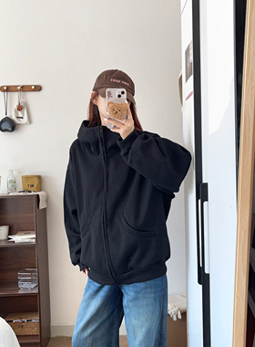 LIL CHER 秋冬季帽衫女灰色上衣开衫宽松廓形连帽卫衣女加绒外套