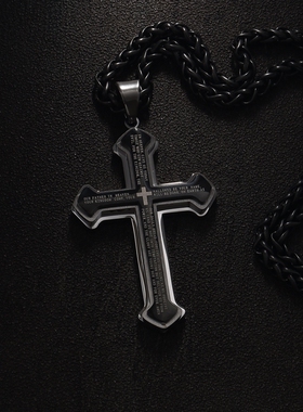 十字架双层霸气男士项链个性钛钢吊坠朋克挂坠嘻哈风高街潮毛衣链