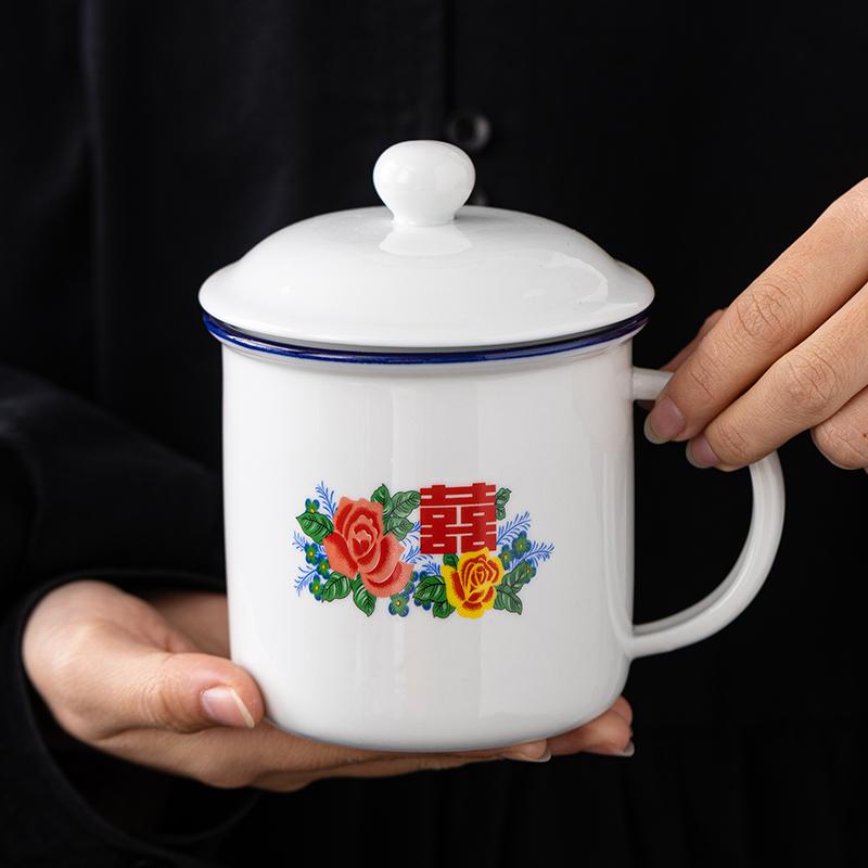 怀旧复古陶瓷双喜水杯定制logo