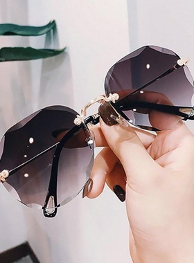 墨镜无框切边圆脸显瘦太阳眼镜