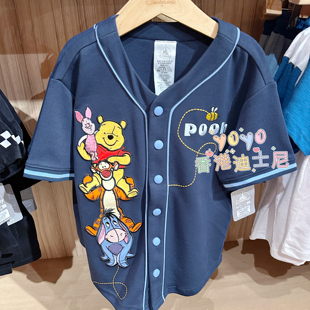 港迪乐园26年维尼历险记男童夏季纯棉按扣棒球服衬衫开衫儿童