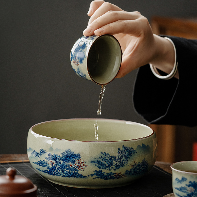 景德镇陶瓷茶洗大号茶渣缸家用水B洗茶具配件老陶泥复古茶水盂笔