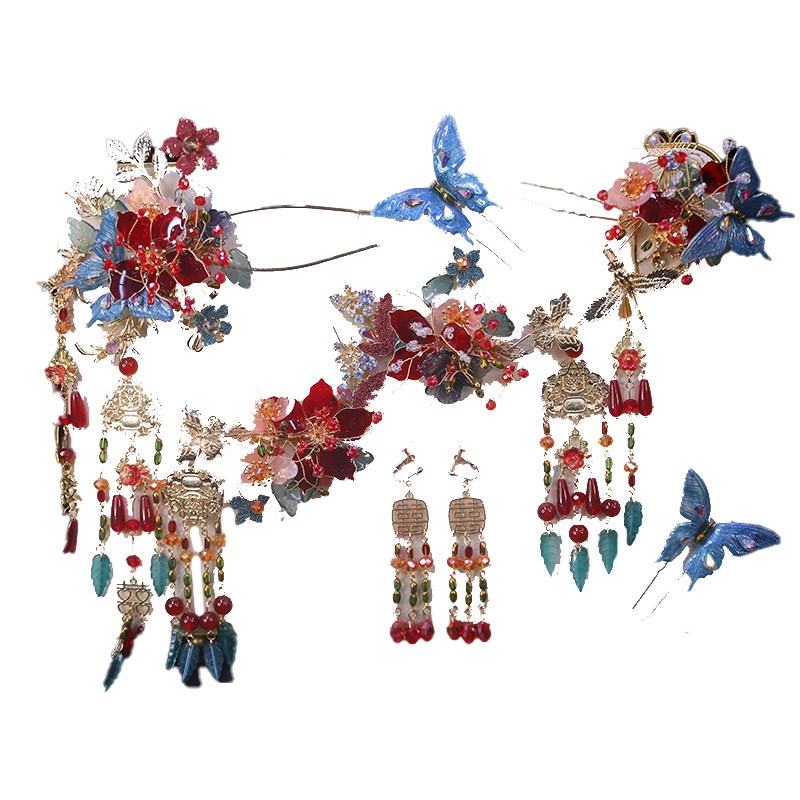 2024新款中式新娘结婚头饰水晶蝴蝶发簪红蓝撞色U秀禾头饰传统婚