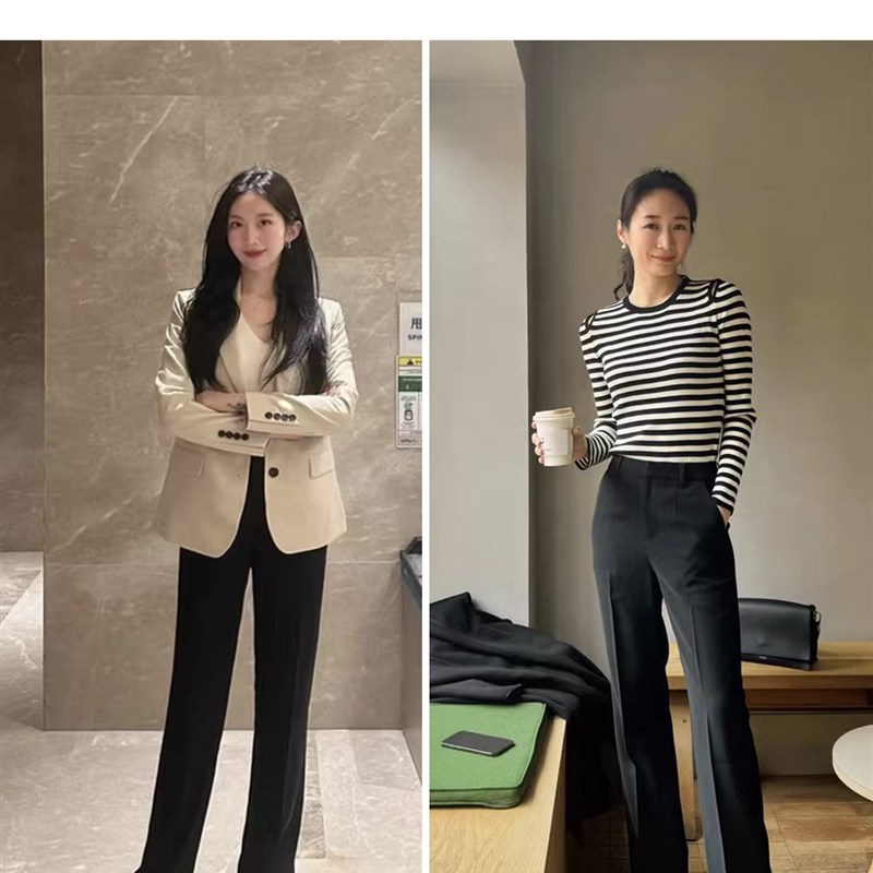 芝美日禾 帝人纱线西装裤女黑C色直筒微修身微弹显瘦垂坠感