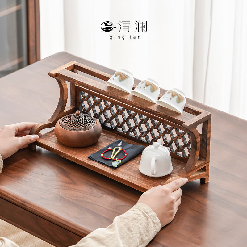 清澜胡桃木实木博古架茶杯茶具收纳架摆放架功S茶道配件置物架子