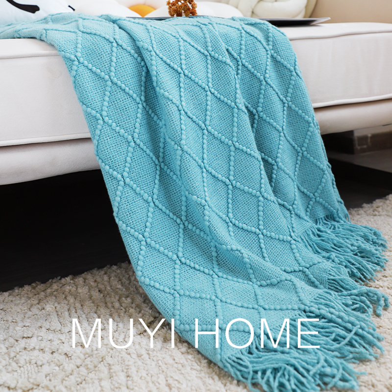 北欧复古a菱格毛线毯子纯色针织毯床尾毯床搭沙发毯搭巾床尾巾盖