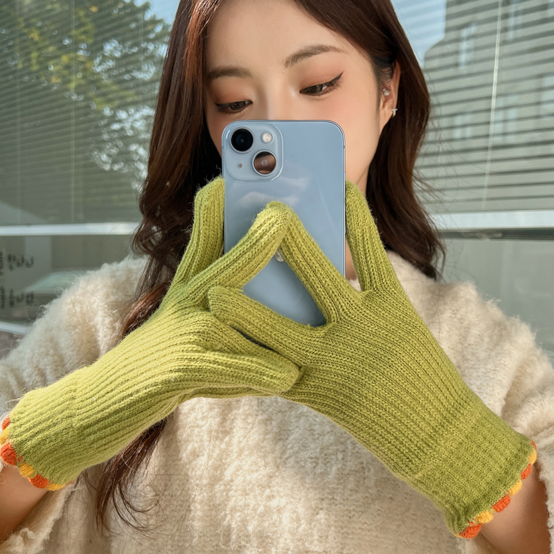 纯色绿色加绒加厚保暖手套女冬季网红糖果触屏漏二指骑行写字手套