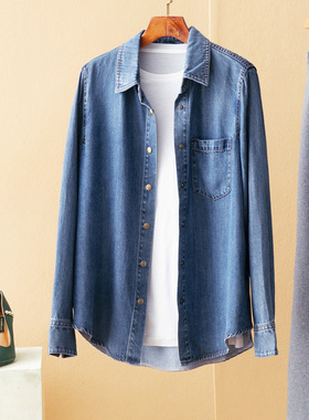 蛮文 品质日单 垂感显瘦莱赛尔天丝百搭牛仔正肩长袖衬衫女 68031