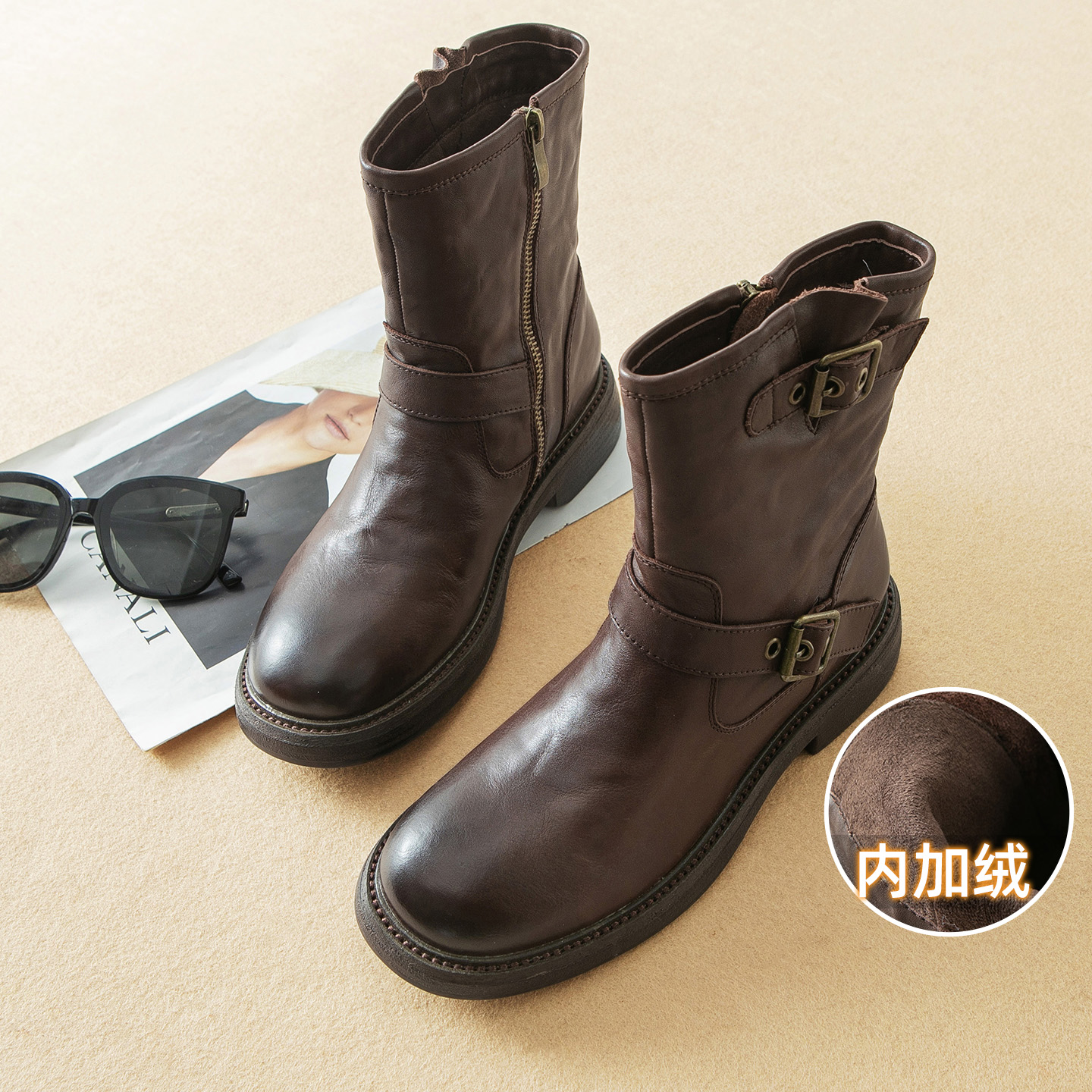 蛮文 高质感 有型显腿长 植鞣头层牛皮内加绒马丁靴女靴秋冬5E073