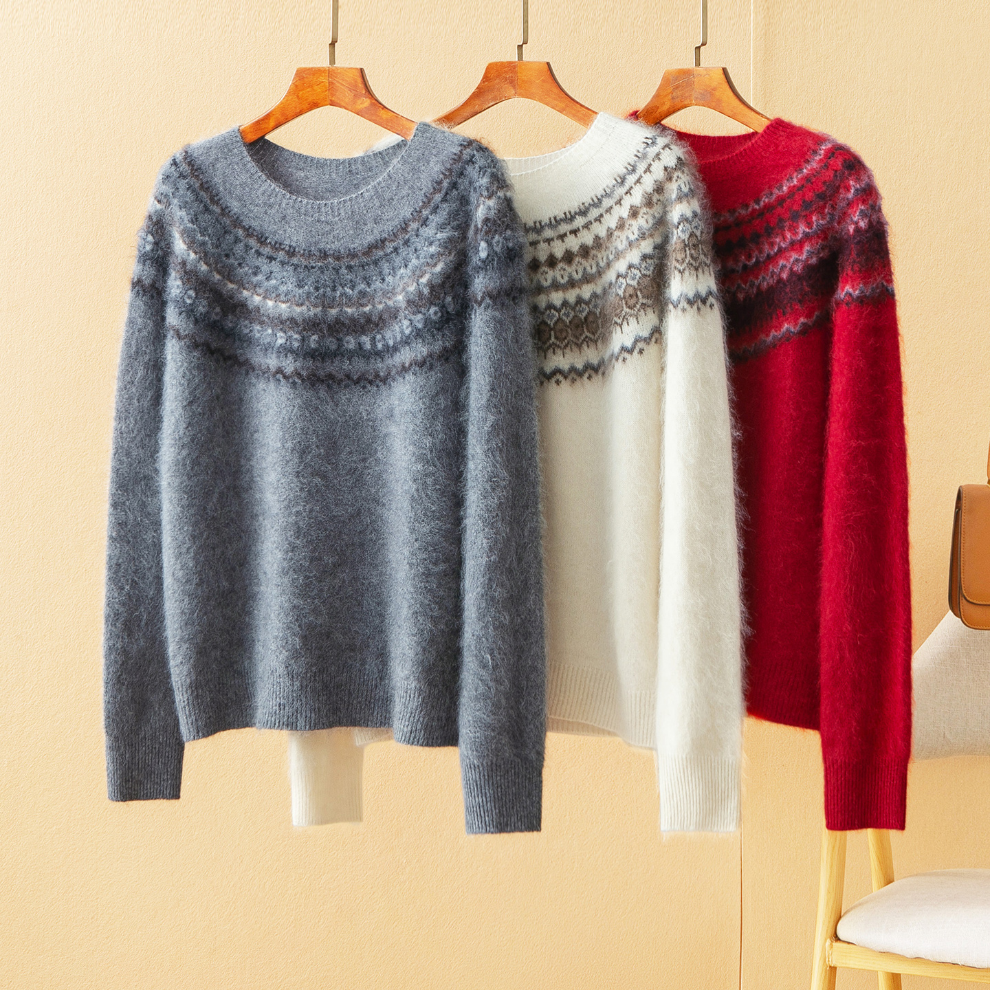 蛮文 复古轻奢 100羊毛拉绒工艺费尔岛提花圆领加厚保暖毛衣59179