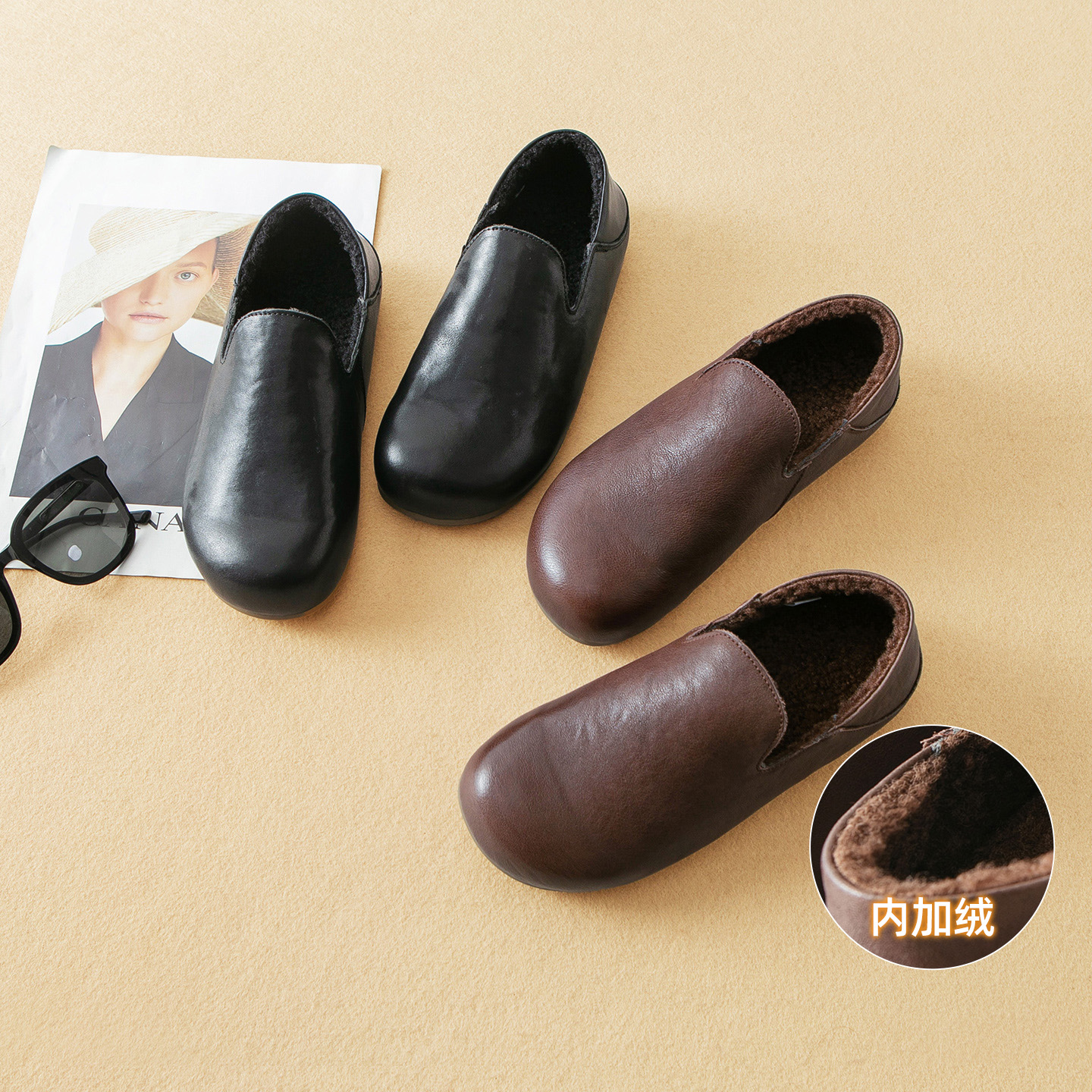 蛮文 时髦有腔调JI简文艺范 内羊毛绒里高品质牛皮乐福鞋女 5E078