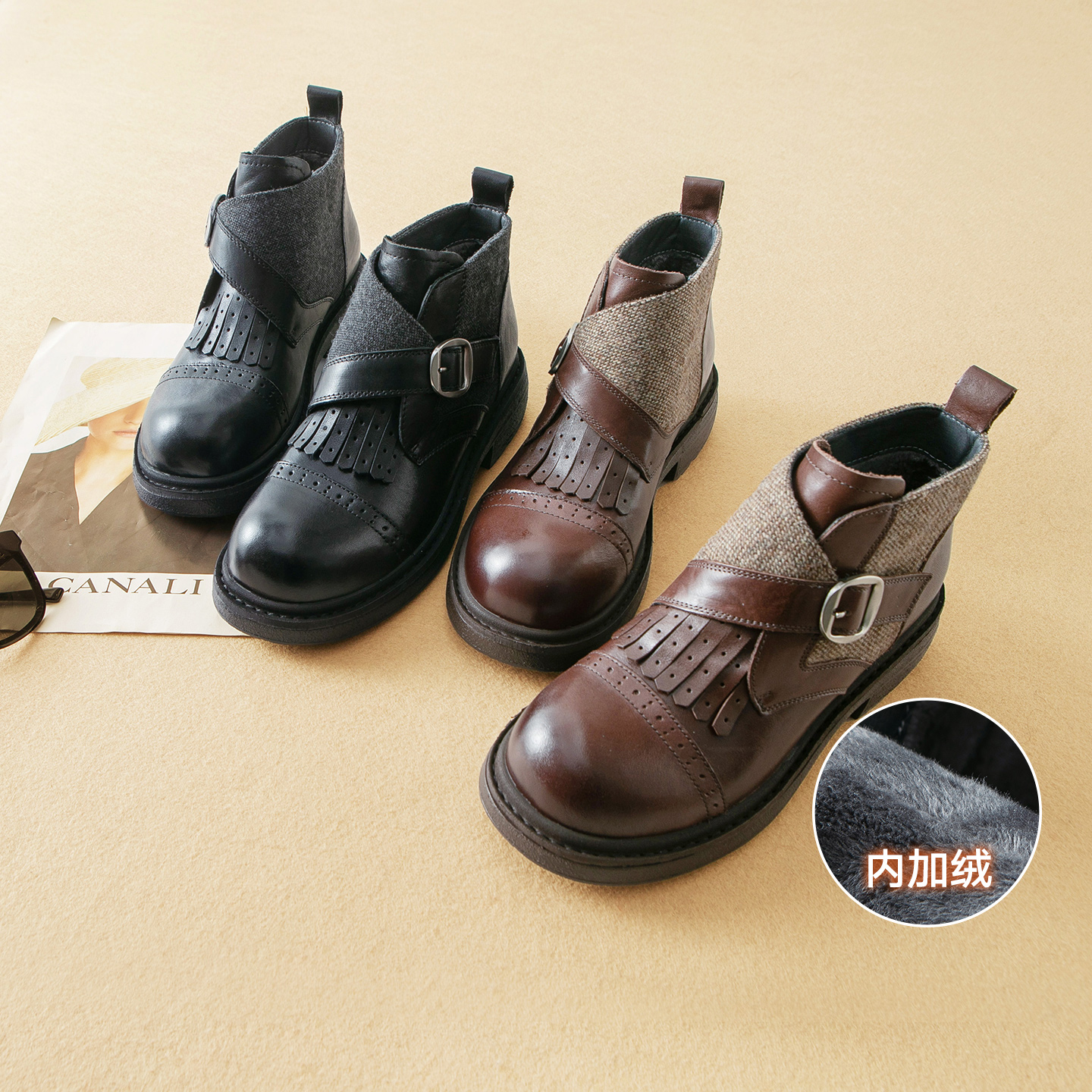 蛮文 超洋气 金属扣袢拼接料牛皮内加绒及踝短靴英伦马丁靴25E079