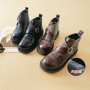 蛮文 金属扣袢拼接料牛皮内加绒及踝短靴英伦马丁靴25E079 超洋气