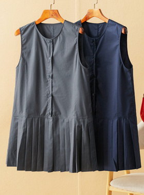 蛮文 永远的经典 进口丝光纸感棉 下摆百褶半开襟无袖衬衫女58169