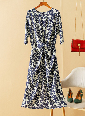 蛮文 优雅知性 蓝树叶印花交叉围裹系带收腰显瘦真丝连衣裙 5A075
