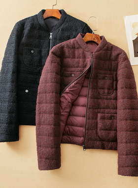 蛮文 精致小香风 简约青稞领 花纱毛呢料利落短款鹅绒服外套56270