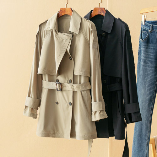 蛮文 日本进料 四面弹骨感抗皱 双排扣中长款知性风衣薄外套56142