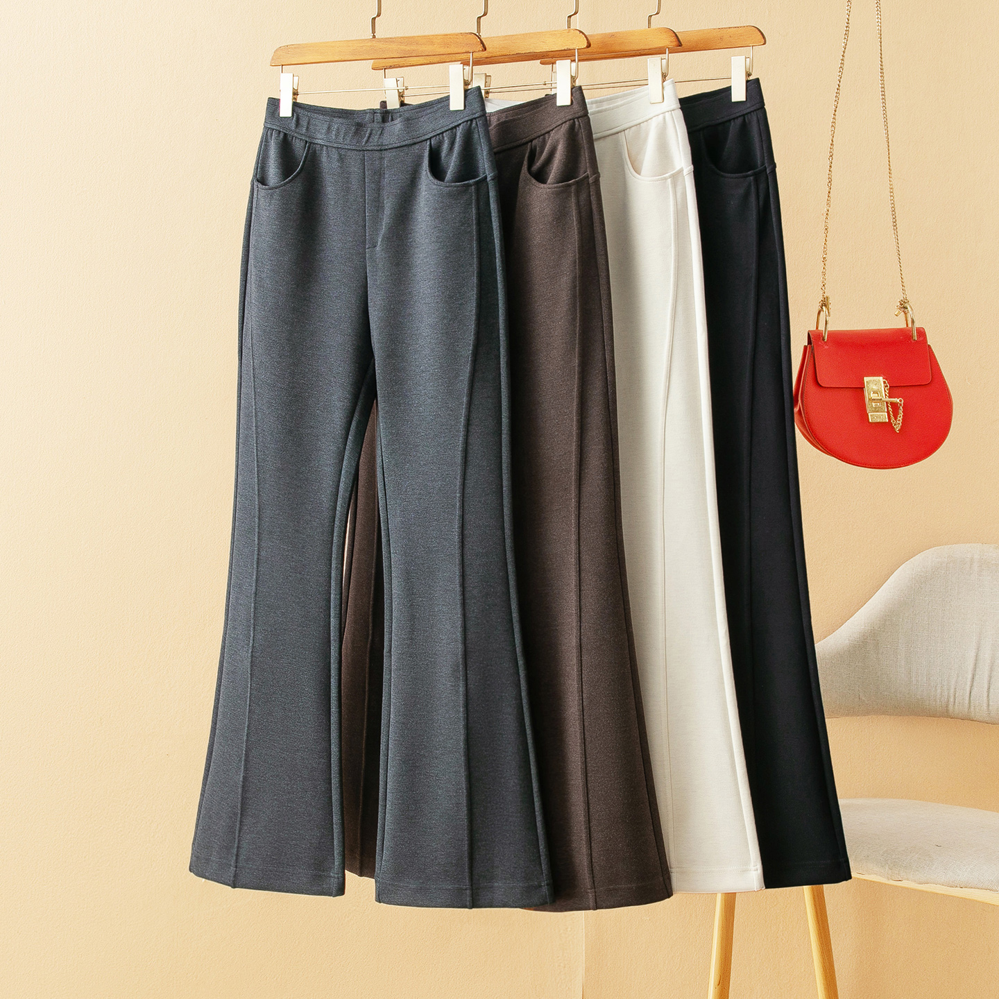 蛮文 利落3米大长腿 四面弹羊毛针织料侧线两道立裁微喇裤女50247