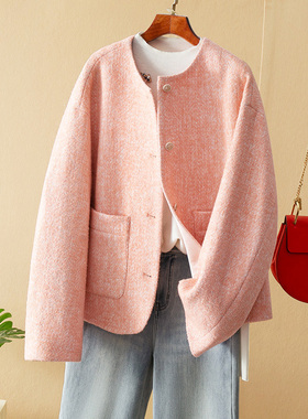 蛮文 秋冬jue美粉橙色 气质显肤白粗花呢羊驼毛圆领小香外套56008
