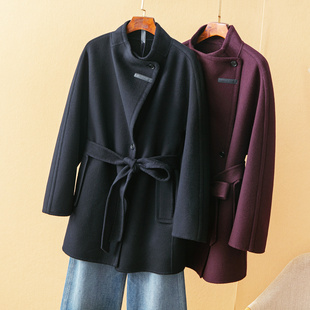 蛮文 100支羊毛斜襟系带收腰双面羊绒大衣外套56198 简约优雅高级