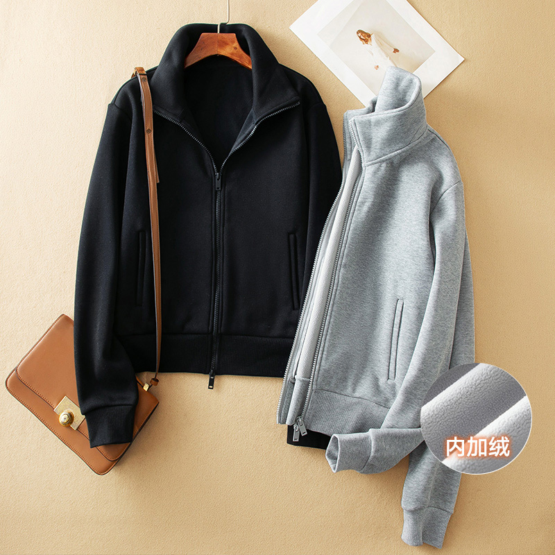 蛮文 日本品质单 内加绒 利落显瘦双向拉链立领卫衣外套女 46257