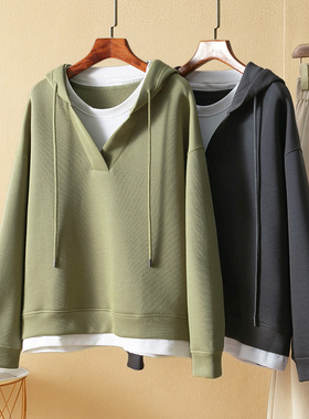 蛮文 时髦刚需 高阶品相 小众设计感假两件连帽套头女士卫衣36277