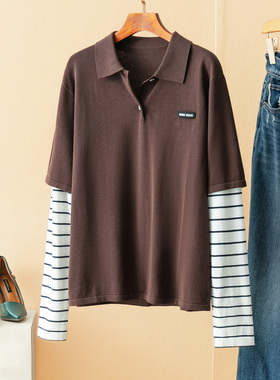 蛮文 减龄学院风假两件设计 气质美拉德针织棉翻领POLO衫女 59131