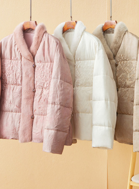 蛮文 别致高端 水貂毛拼接+重工刺绣真丝亚麻鹅绒服皮草外套56355