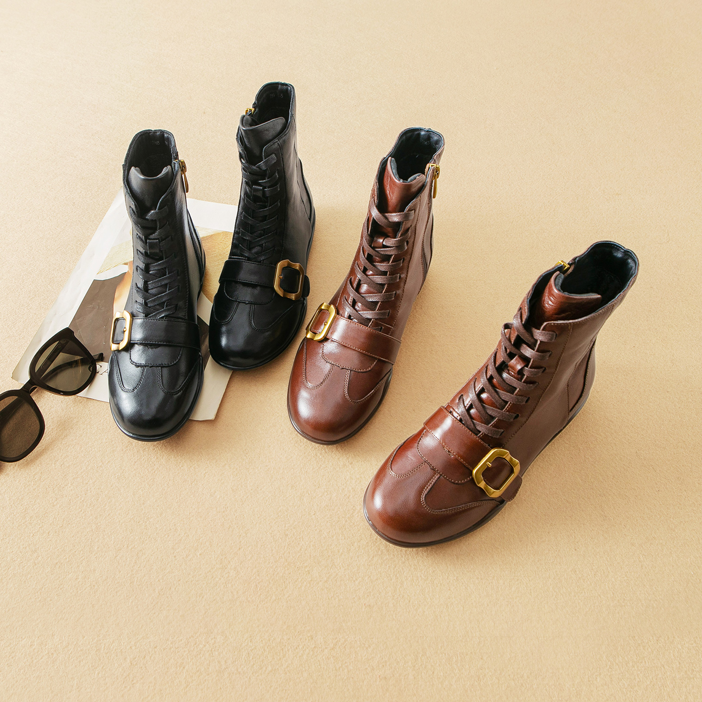 蛮文 显脚小 鞋面金属搭扣设计 质感英伦侧拉链加绒羊皮短靴5E080