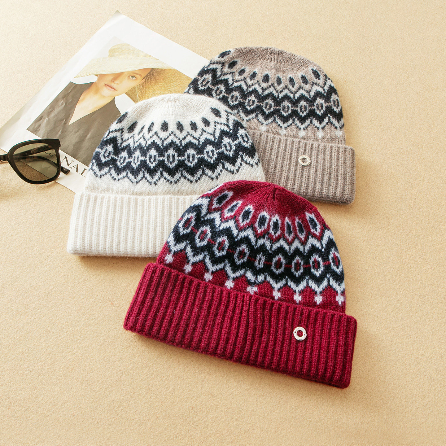 蛮文 意L*P轻奢保暖系列 随缘抢 100%羊绒费尔岛提花羊绒帽 5K030