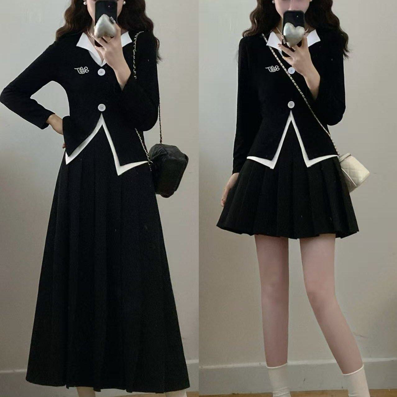 实拍 大码女装胖mm新款假两件显瘦刺绣上衣+百褶半身裙