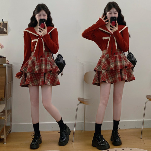 实拍大码纯欲风jk制服裙女海军领衬衫格纹百褶蛋糕裙显瘦半身裙