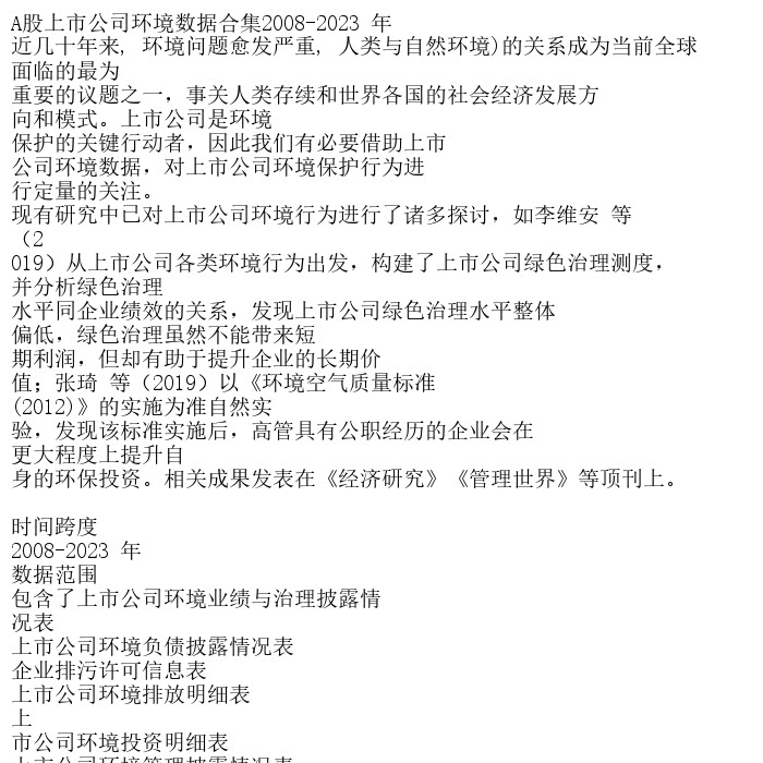 A股上市公司环境数据合集2008-2023 年