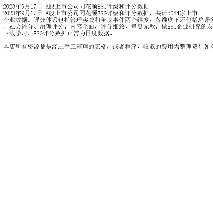 2023年9月17日 A股上市公司同花顺ESG评级和评分数据